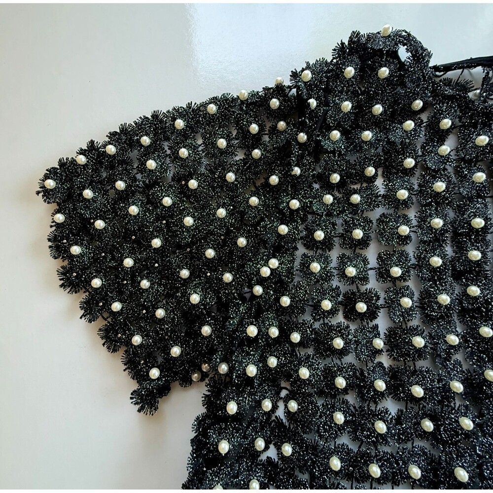 She + Sky Pearl Embellished 3D Floral Open-Weave Mesh Women’s Top Large Romantic - Picture 6 of 10